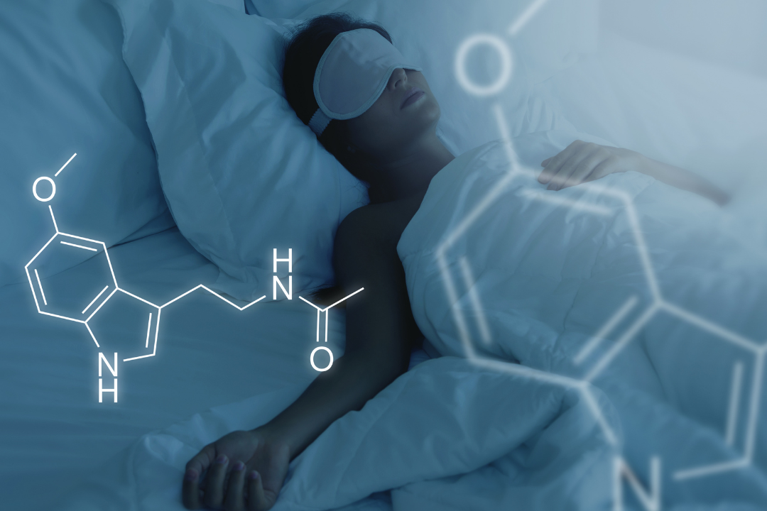 Image of woman sleeping with chemical structure of melatonin superimposed
